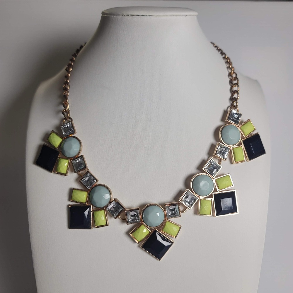 Geometric Statement Bib Necklace Gold Tone Navy Lime Aqua Resin‎ stones Chunky
